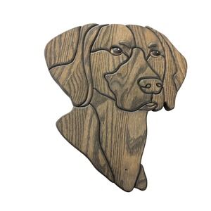 Wooden Nature Dog Wall Art Decor Oak Stain Wood‎ Carving Signed Home Accent